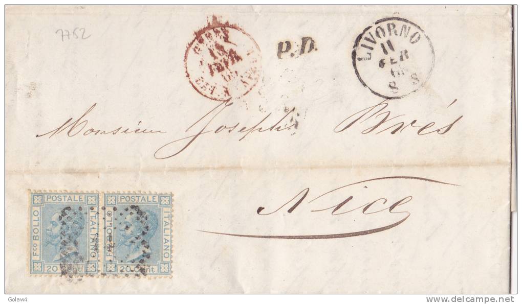 7752# VITTORIO EMANUELE II / LETTERA LIVORNO 1868 Verso LIVORNO PORTO Via GENES BATEAU A VAPEUR => NICE ALPES MARITIMES - Storia Postale