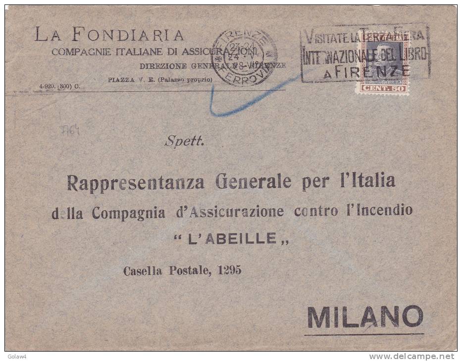 7764# VITTORIO EMANUELE III / LETTERA FONDIARIA FIRENZE VISITATE LA TERZA FIERA INTERNAZIONALE DEL LIBRO 1928 => MILANO - Storia Postale