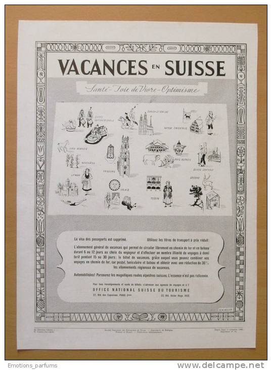 Publicité Papier 1948 Tourisme Voyage Vacances En SUISSE Zurich Grison Tessin Valais Leman Fribourg Neuchatel - Publicités