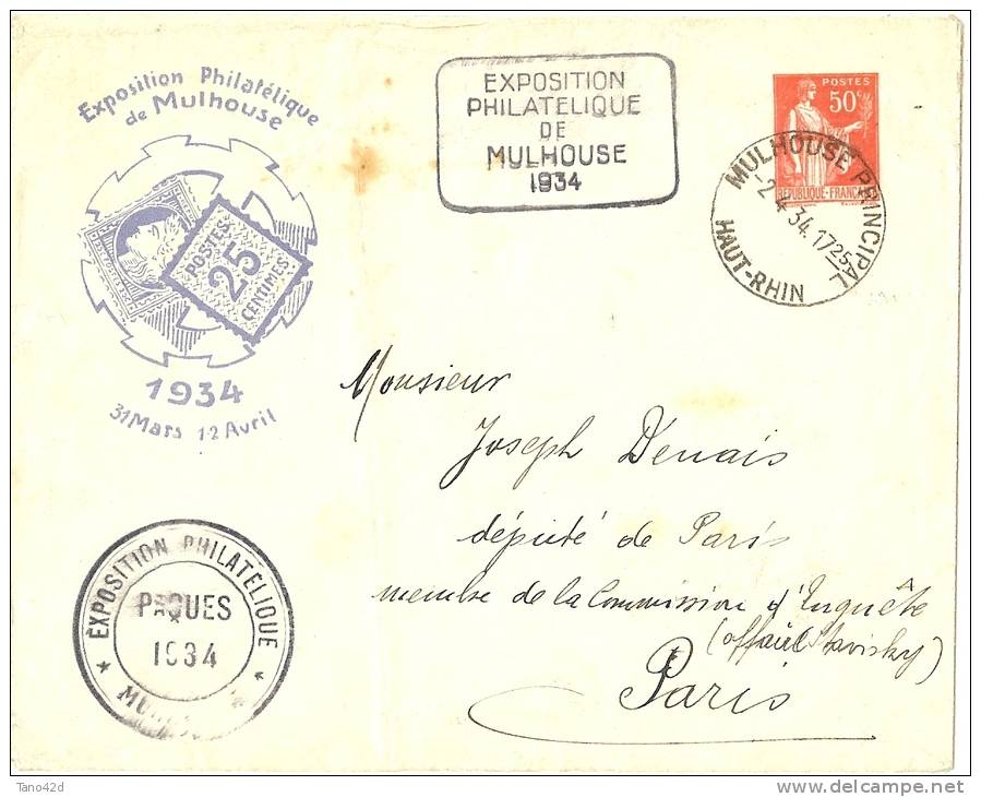 FRANCE - EP ENVELOPPE TSC TYPE PAIX 50c EXPOSITION PHILATELIQUE MULHOUSE 1934 VOYAGEE - Enveloppes Types Et TSC (avant 1995)