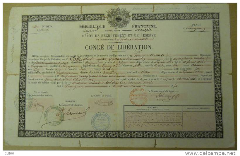 1852 Empire Congé De Libération Charles Caffe Instituteur Communal Trouillas Cachets Et Signatures De Généraux Perpignan - Manuscrits