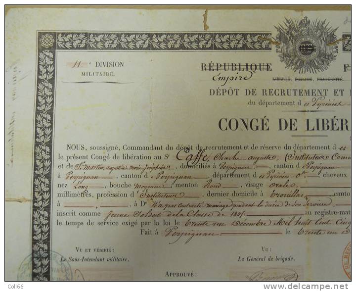 1852 Empire Congé De Libération Charles Caffe Instituteur Communal Trouillas Cachets Et Signatures De Généraux Perpignan - Manuscrits