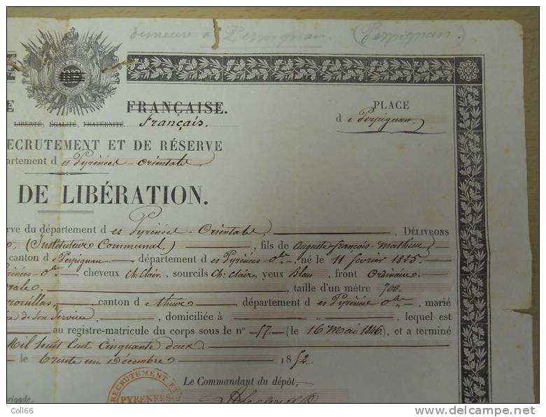 1852 Empire Congé De Libération Charles Caffe Instituteur Communal Trouillas Cachets Et Signatures De Généraux Perpignan - Manuscrits