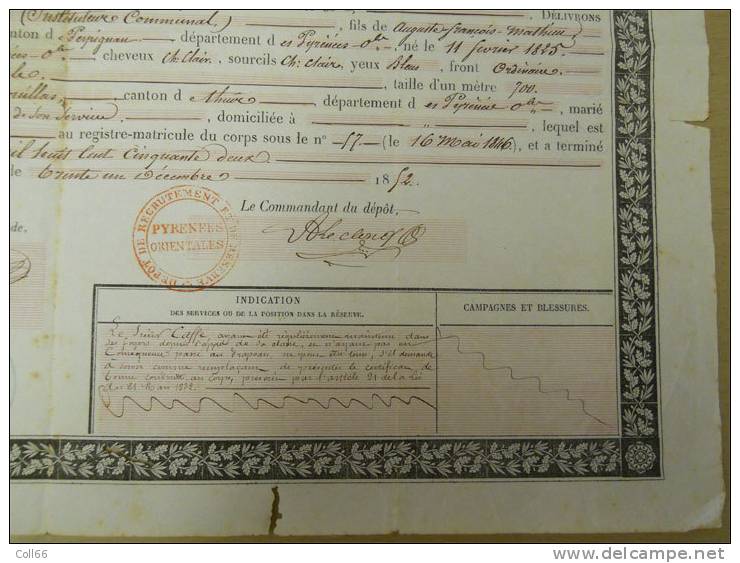 1852 Empire Congé De Libération Charles Caffe Instituteur Communal Trouillas Cachets Et Signatures De Généraux Perpignan - Manuscrits