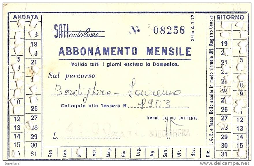 L-AUTOBUS-BORDIGHERA-SANREMO-ABBONAMENTO MENSILE LINEE SATI AUTOLINEE 1972 - Europa