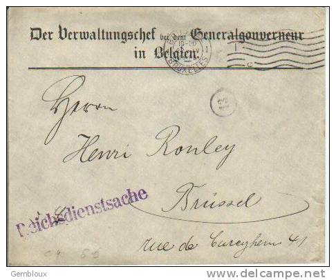 Belgique Lettre En Franchise Du Gouverneur Général En Belgique - Army: German