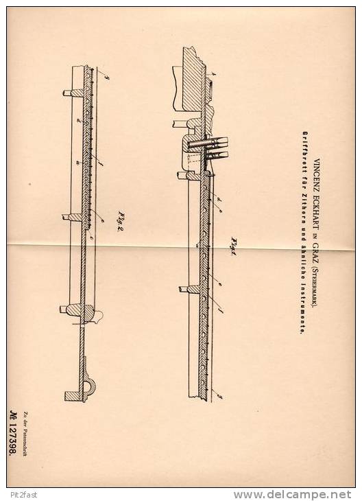 Original Patentschrift - V. Eckhart Un Graz , 1900 , Griffbrett Für Zither !!! - Strumenti Musicali