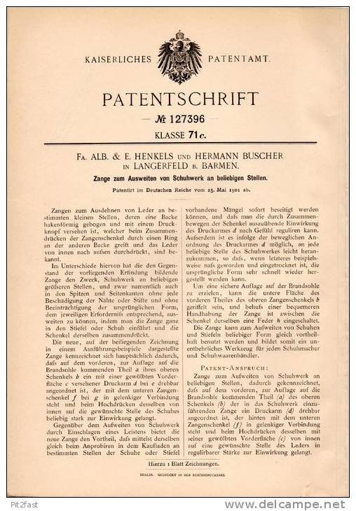 Original Patentschrift - Fa. Alb & Henkels In Langerfeld B. Barmen , 1901 , Zange Für Schuhe , Schuhmacher , Schuster !! - Antike Werkzeuge