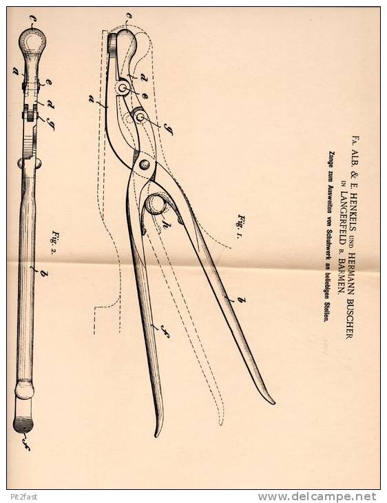 Original Patentschrift - Fa. Alb & Henkels In Langerfeld B. Barmen , 1901 , Zange Für Schuhe , Schuhmacher , Schuster !! - Antike Werkzeuge
