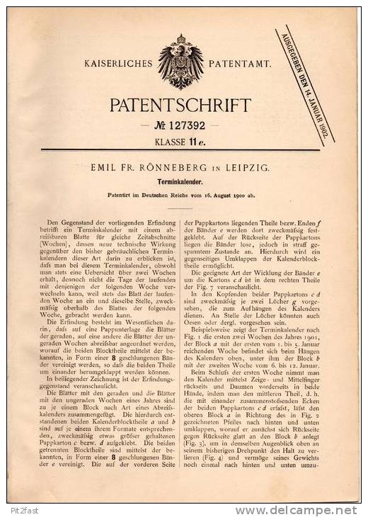 Original Patentschrift - E. Rönneberg In Leipzig , 1900 , Kalender , Terminkalender , Planer !!! - Sonstige & Ohne Zuordnung