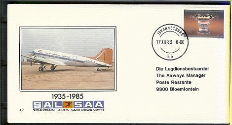 SOUTH AFRICA AIRWAYS 1985 Cover 42 50 Years Dakota - Airplanes