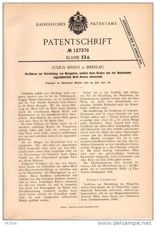 Original Patentschrift - Margarine Mit Butter - Aroma , 1900 , J. Sprinz In Breslau !!! - Sonstige & Ohne Zuordnung