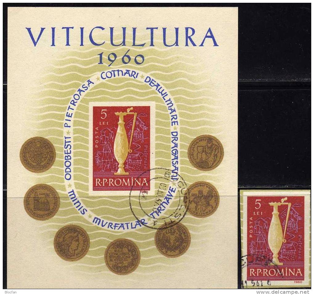 Wein Aus Rumänien 1960 Block 48 O 4€ Historische Kanne Mit Pietroasa-Schatz Gold-Medaille Bf Bloc Wine Sheet Of Romania - Alimentation