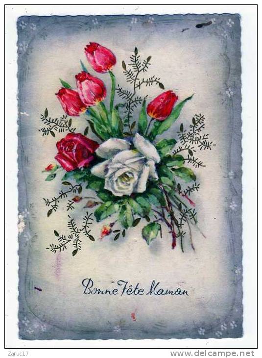 Carte Postale Bonne Fête Maman 1961 Mères Bouquet De Roses Et Tulipes Fleurs - Fête Des Mères