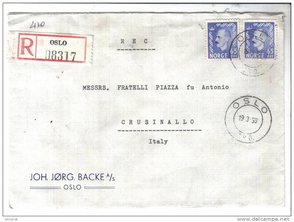 TZ410 - NORVEGIA , Registered Da Oslo 19/3/58 Per L'Italia - Brieven En Documenten