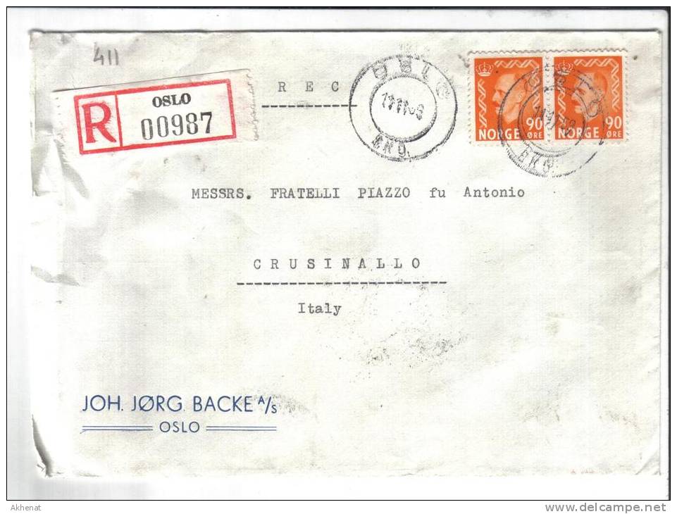 TZ411 - NORVEGIA , Registered Da Oslo 11/11/59 Per L'Italia - Storia Postale