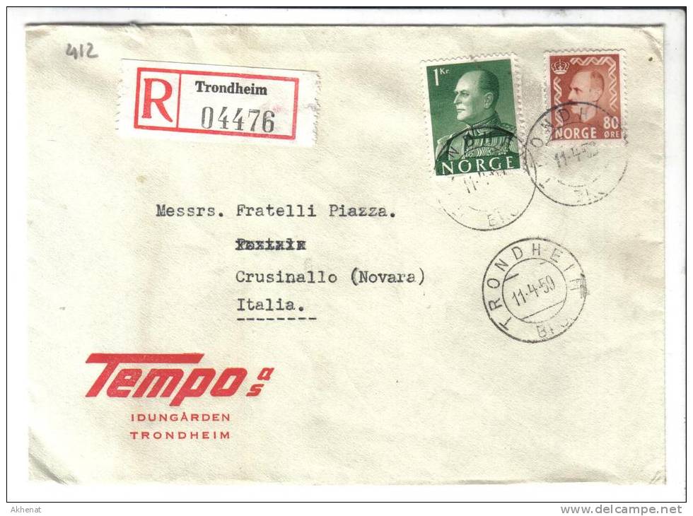 TZ412 - NORVEGIA , Registered Da Trondheim 11/4/59 Per L'Italia . - Storia Postale