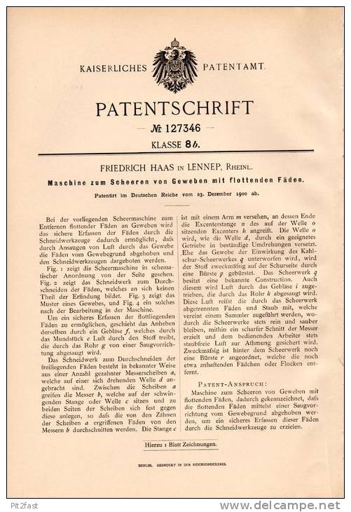 Original Patentschrift - F. Haas In Lennep , Rhld., 1900 , Maschine Zum Scheeren Von Gewebe , Schneiderei , Remscheid !! - Maschinen