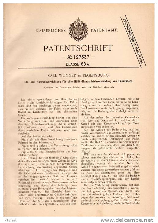 Original Patentschrift - K. Wunner In Regensburg , 1900 , Hilfsantrieb Für Fahrräder , Fahrrad !!! - Sonstige & Ohne Zuordnung