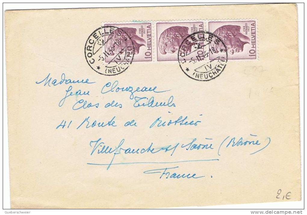 L-CH-26 - Belle Lettre De Corcelles Pour Villefrance-s/Saône Affr. 3x 10cts¨Pestalozzi - Lettres & Documents