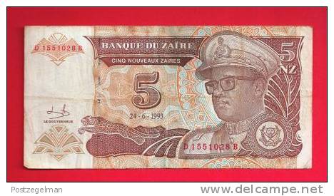 ZAIRE 1993,  Banknote,  Used VF,  5 New Zaires - Zaire