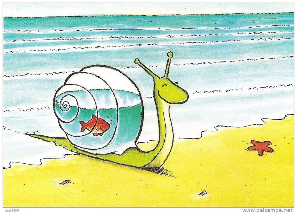 CPM Carte Animaux Humour 14,7x10,5 Cm Marc Chalvin + Enveloppe - Plage Escargot Poisson Aquarium Sea Snail Fish - Humour