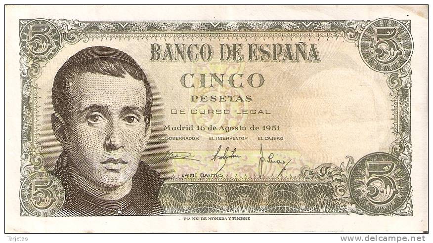 BILLETE DE ESPAÑA DE 5 PTAS DEL 16/08/1951 SERIE G EN CALIDAD BC (BANKNOTE) - 5 Peseten