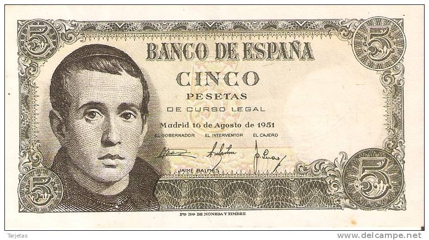 BILLETE DE ESPAÑA DE 5 PTAS DEL 16/08/1951 SERIE 1G EN CALIDAD MBC (BANKNOTE) - 5 Pesetas