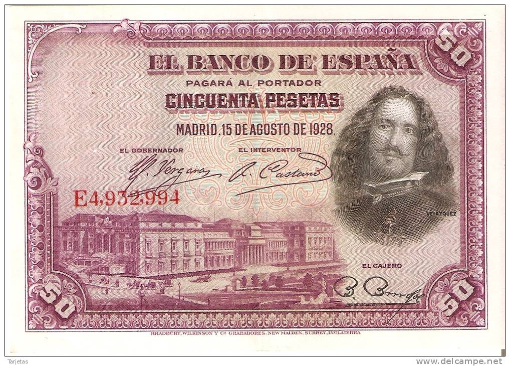 BILLETE DE ESPAÑA DE 50 PTAS DEL AÑO 1928 CALIDAD EBC+  SERIE E - 50 Pesetas