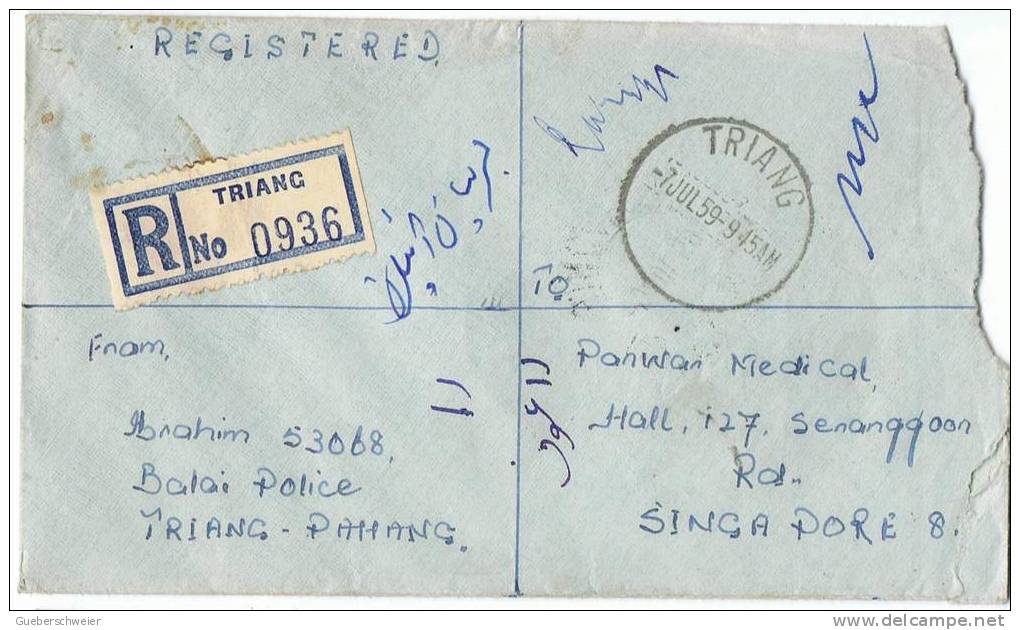 L-DIV19 - MALAYA Lettre Recommandée De TRIANG Pour Singapour De 1959 - Malayan Postal Union