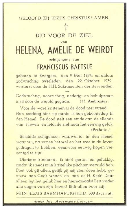 Doodsprentje ( 8674 ) De Weirdt / Baetslé 1939 - Evergem - Devotieprenten