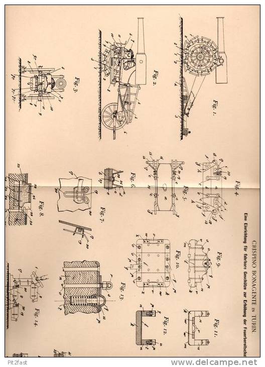 Original Patentschrift - C. Bonagente In Turin , 1899 , Fahrbares Geschütz , Kanone !!! - Fahrzeuge