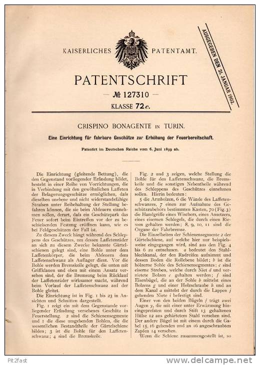 Original Patentschrift - C. Bonagente In Turin , 1899 , Fahrbares Geschütz , Kanone !!! - Vehículos