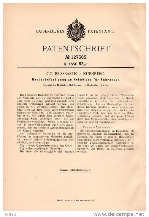 Original Patentschrift - G. Beissbarth In Nürnberg , 1900 , Befestigung Für Motorhaube , Helmöler !!! - Cars