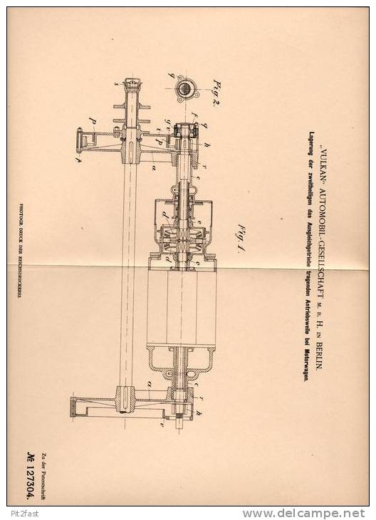 Original Patentschrift -  " Vulkan " Automobil GmbH In Berlin ,1900,Antriebswelle Für Getriebe , Mototwagen , Automobile - Cars