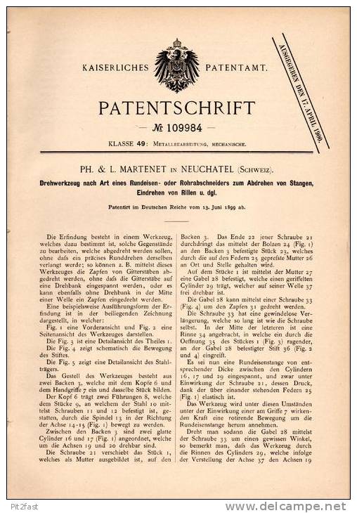 Original Patentschrift - L. Martenet In Neuchatel / Neuenburg , 1899 , Drehwerkzeug , Rohrabschneider !!! - Outils Anciens