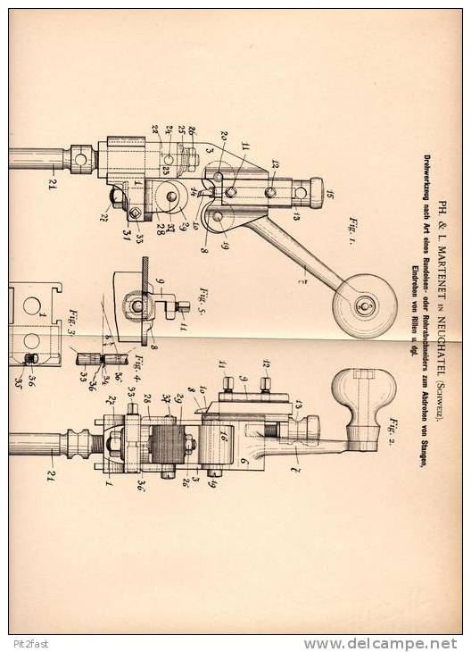 Original Patentschrift - L. Martenet In Neuchatel / Neuenburg , 1899 , Drehwerkzeug , Rohrabschneider !!! - Outils Anciens