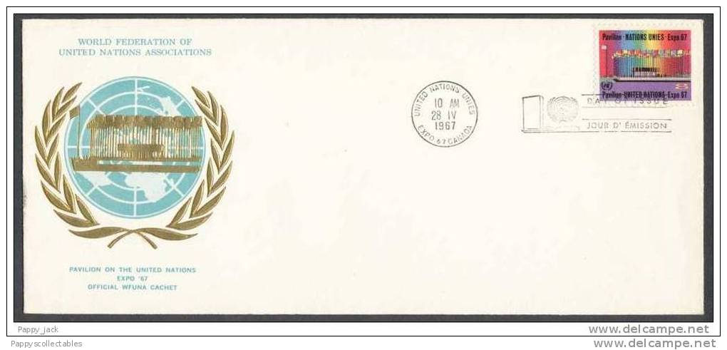 FDC Official WFUNA Cachet GOLD Embossed United Nations1967 Flags Pavillion WFUNA Emblem Verso - 1967 – Montreal (Kanada)