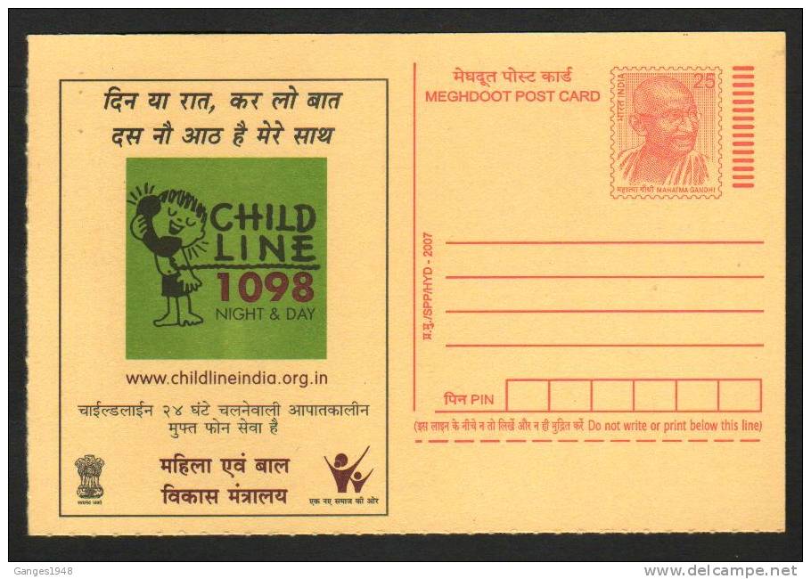 India  2007  CHILD LINE PHONE NUMBER  Mahatma  Gandhi  Postcard#   02703  Inde - Other & Unclassified