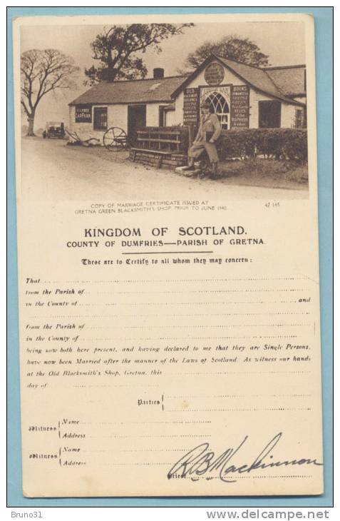 Marriage Certificate , Gretna Green Blacksmith's Shop Dumfries . - Dumfriesshire