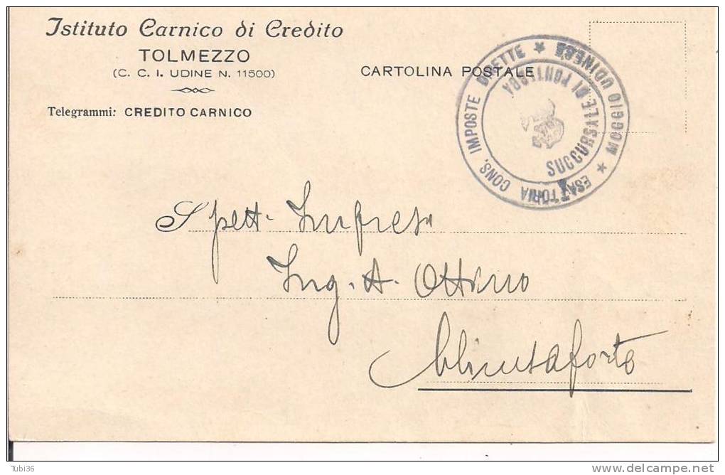 TOLMEZZO , ISTITUTO CARNICO DI CREDITO, TIMBRO ESATTORIA IMPOSTE, CARTOLINA POSTALE  VIAGGIATA IN FRANCHIGIA ,  1932, RR - Franchigia