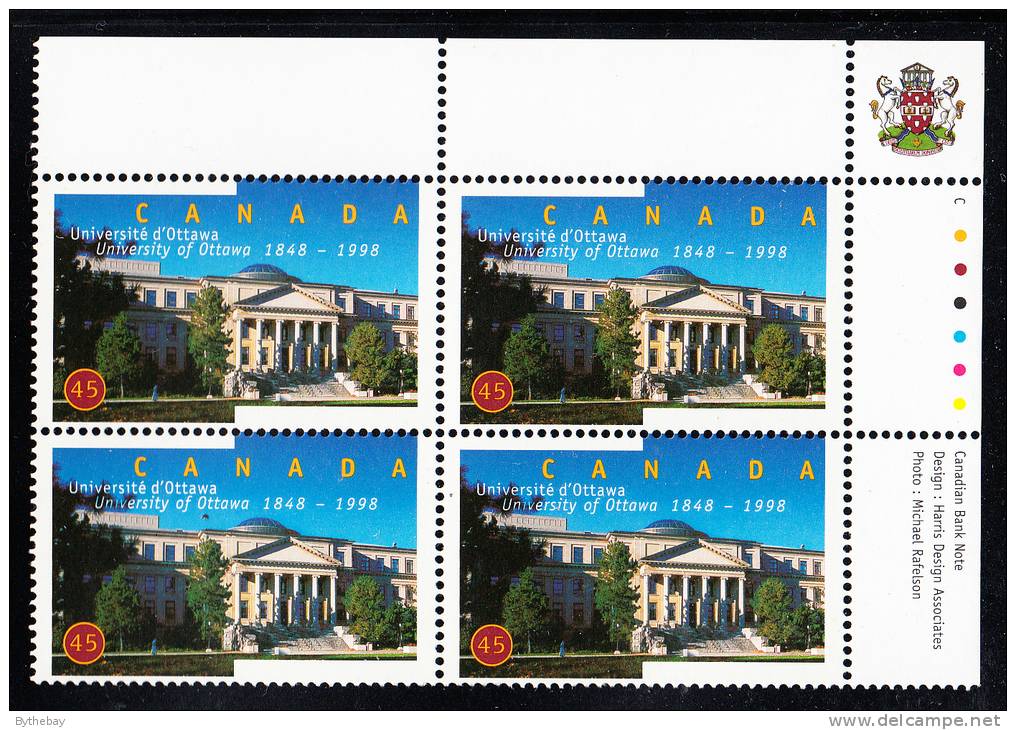 Canada MNH Scott#1756 Upper Right Plate Block 45c University Of Ottawa 150th Anniversary - Plattennummern & Inschriften