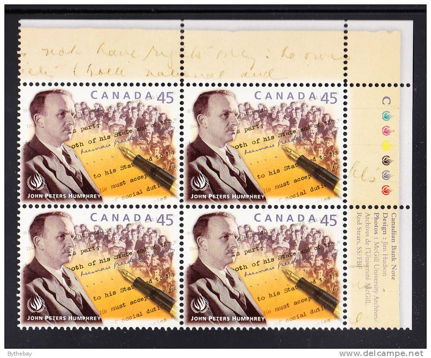 Canada MNH Scott#1761 Upper Right Plate Block 45c John Peters Humphrey - 50th Ann Universal Declaration Of Human Rights - Num. Planches & Inscriptions Marge