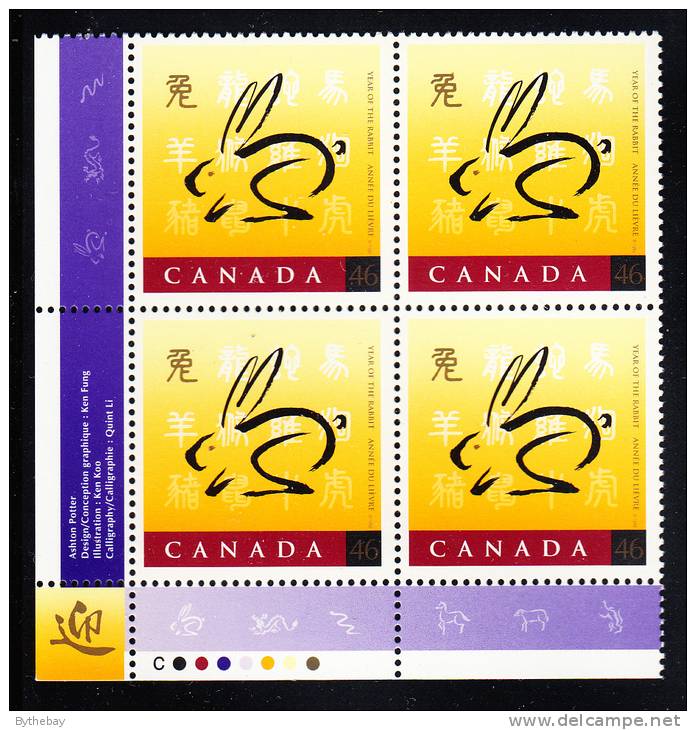 Canada MNH Scott#1767 Lower Left Plate Block 46c Rabbit And Chinese Symbol - Lunar New Year - Plattennummern & Inschriften