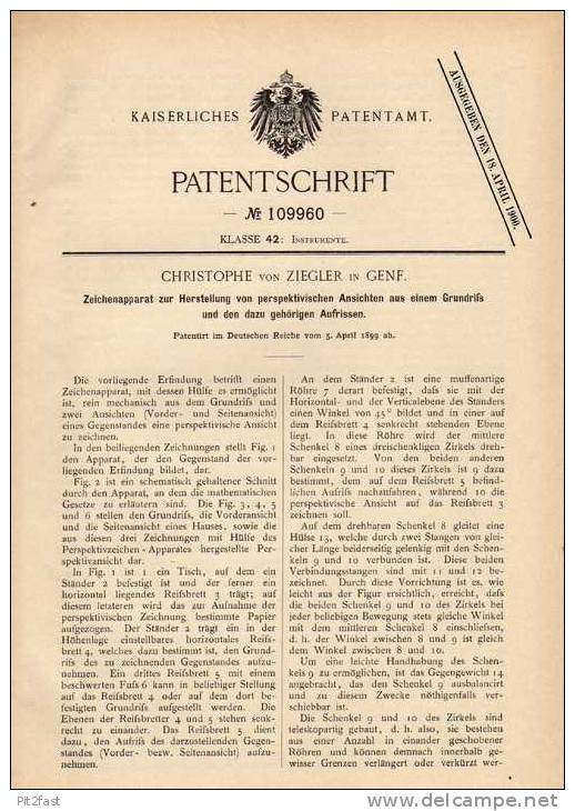 Original Patentschrift - Ch. Von Ziegler In Genf , 1899 , Zeichenapparat Für Perspektivische Ansichten , Architektur !! - Architecture