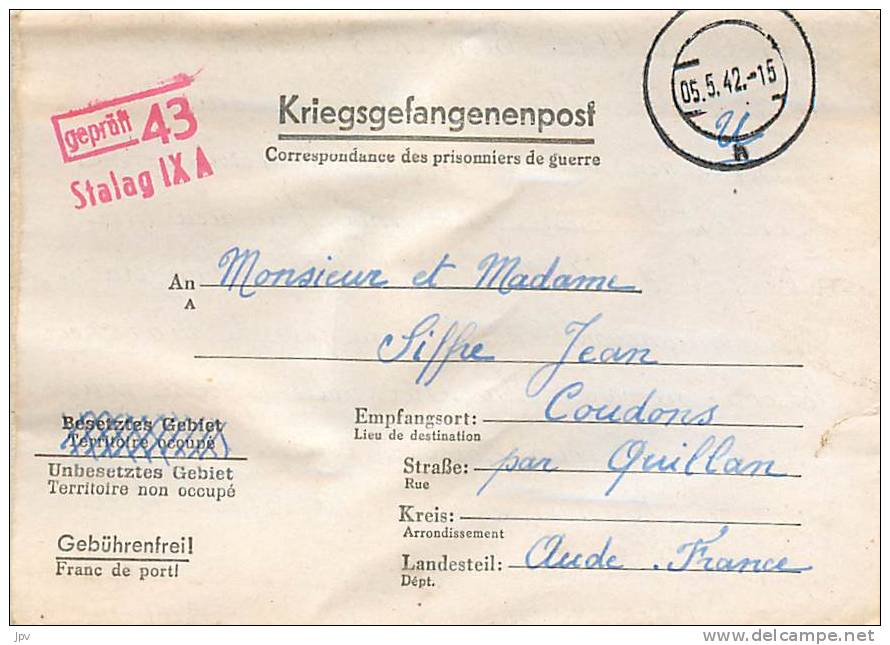 CORRESPONDANCE PRISONNIERS DE GUERRE : STALAG IX A , CACHET DE CONTROLE N°43 . - Weltkrieg 1939-45