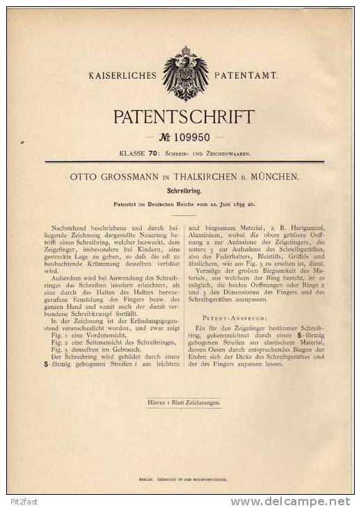 Original Patentschrift - O. Grossmann In Thalkirchen B. München , 1899 , Schreibring Für Finger !!! - Stylos