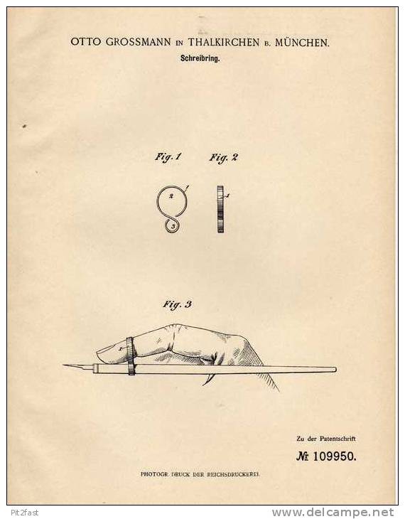 Original Patentschrift - O. Grossmann In Thalkirchen B. München , 1899 , Schreibring Für Finger !!! - Schreibgerät