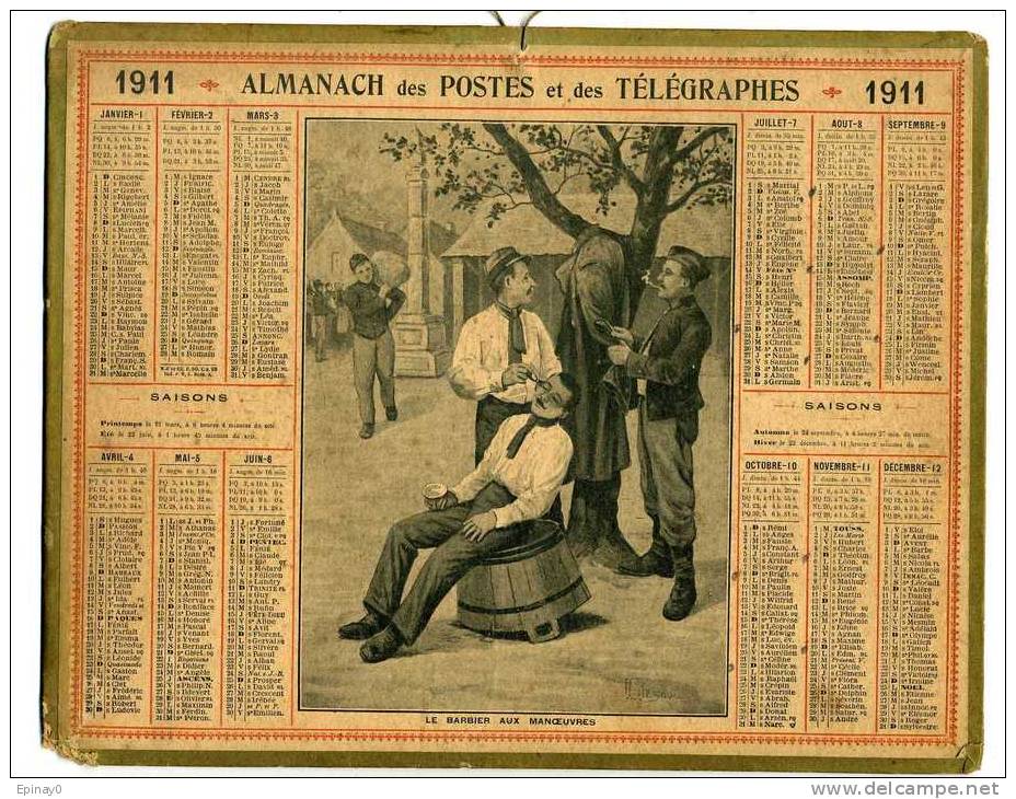 CALENDRIER - ALMANACH DES POSTES ET DES TELEGRAPHES 1911 - MILITAIRE - BARBE - BARBIER - COIFFEUR - Illustrateur BESNOU - Tamaño Grande : 1901-20