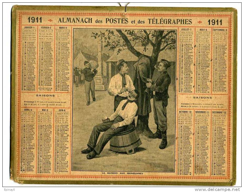 CALENDRIER - ALMANACH DES POSTES ET DES TELEGRAPHES 1911 - MILITAIRE - BARBE - BARBIER - COIFFEUR - Illustrateur BESNOU - Grand Format : 1901-20